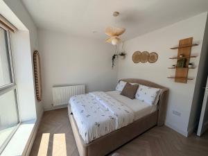 ein kleines Schlafzimmer mit einem Bett und einem Deckenventilator in der Unterkunft Double Ensuite Room, Bray in Bray