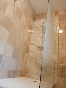 a shower with a glass door in a bathroom at Villa Hestia B&B de charme dans une villa historique face aux thermes in Contrexéville