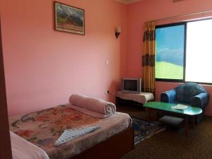 a bedroom with a bed and a table and a tv at Hotel Greenland in Nagarkot