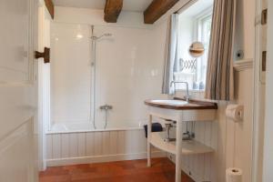 a bathroom with a shower and a sink and a tub at Ferienwohnung Blücherkate I - Boldevitzer Rügenkaten in Parchtitz