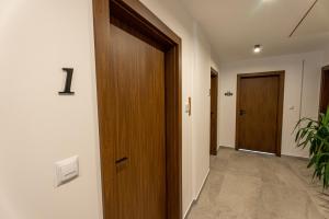 a hallway with a wooden door and a plant at Bieszczady Hill - Dolna in Czarna