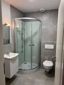 a bathroom with a shower and a toilet and a sink at Unterkunft Gjino Wirges in Wirges