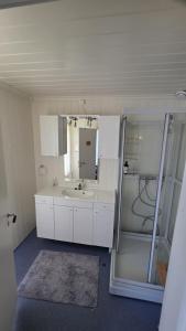 a bathroom with a sink and a mirror at Skorovas Fjellstue in Namsskogan +16 photos