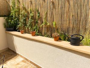 a row of potted plants sitting on a bench next to a fence at Cottage cosy avec terrasse 5pers proche Etretat in Bolbec