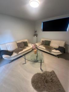 a living room with two couches and a table at SeaviewHouse Rudkøbing in Rudkøbing