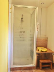 a shower with a glass door in a bathroom at Espace Bulle-Zen in Burlats