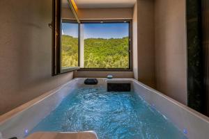 ein Whirlpool mit Fenster in einem Zimmer in der Unterkunft Pine Hotel & Spa Brezovice in Brezovica