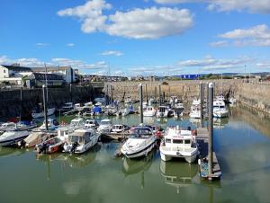 a bunch of boats are docked in a harbor at House near beach in Port Talbot