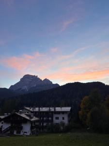 a house in a field with a mountain in the background at Room Dolomites ''Antelao'' in San Vito di Cadore