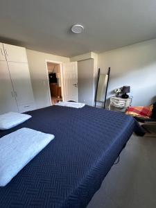 a large bedroom with two beds with blue sheets at SeaviewHouse Rudkøbing in Rudkøbing
