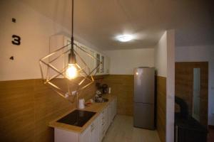 a kitchen with a refrigerator and a light fixture at Orange stan in Žabljak