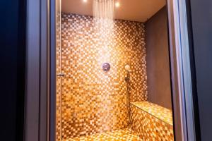 a bathroom with a shower with a tile wall at Kleine Austernperle in Dornumersiel