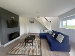 a living room with a blue couch and a fireplace at Lar Na Cluaine in Kilmurry