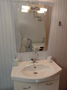 a bathroom with a sink and a mirror at Mountain Nook Melissourgoi in Melissourgoí +19 photos