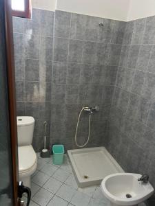 a bathroom with a shower and a toilet and a sink at Eljo Apartment in Asim Zeneli