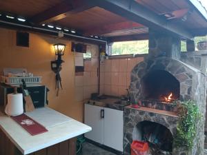 a kitchen with a stone oven with a stove at Pasager House in Sovata