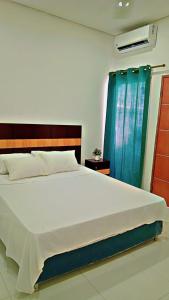 a bedroom with a large white bed with a blue curtain at Hospedaje Alexa in Asunción