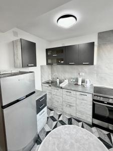 a kitchen with a refrigerator and a stove at COSMOS Panorama Apartments in Prilep