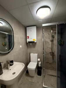 a bathroom with a toilet and a sink and a shower at COSMOS Panorama Apartments in Prilep +25 photos