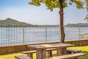 a wooden bench sitting under a tree next to a fence at Villa Lago Maggiore in Lesa