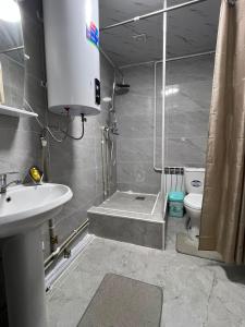a bathroom with a shower and a sink and a toilet at Archa Ethno Guest House in Bokonbayevo +25 photos