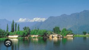 a lake with houses and trees and mountains in the background at houseboat star ruby snow view in Srinagar