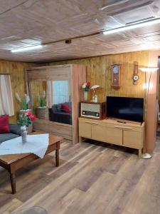 a living room with a tv and a couch and a table at Chata v lese in Olbramkostel