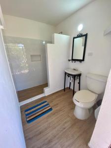 a bathroom with a toilet and a mirror on the wall at Glamping Rivera del Mar - RV Park in Loreto