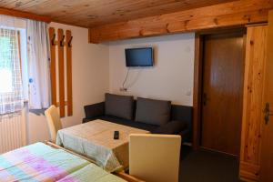 a room with a couch and a bed and a television at Haus Helene in Sankt Gallenkirch