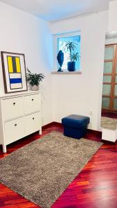 a living room with a dresser and a rug at Lanas place in Ljubljana