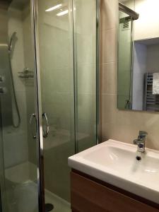 y baño con ducha acristalada y lavamanos. en Apartamento Brian, en San Sebastián