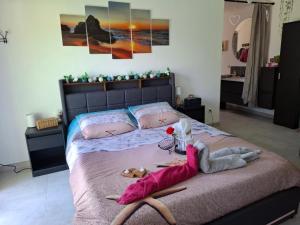 a bedroom with a large bed with pink sheets at escapade coeur provence in La Celle