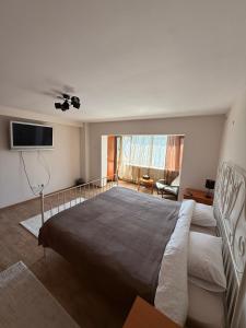 a bedroom with a large bed and a flat screen tv at Rose Cozy in Snagov