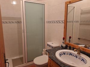 a bathroom with a sink and a toilet and a shower at Quinta das Carvalhas in Neiva