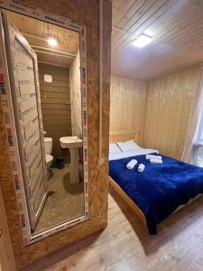 a room with a bed and a bathroom with a mirror at Alpine Lodge Bakhmaro in Chʼkhakoura
