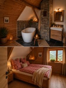 a bedroom with a bed and a bath tub at Haarstubenhäusl Glückskäfer in Frankenfels