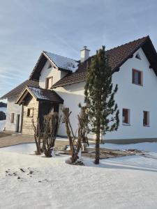 a white house with trees in the snow at Haarstubenhäusl Glückskäfer in Frankenfels