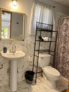 a bathroom with a sink and a toilet and a mirror at Boquete Firefly Inn in Boquete +22 photos