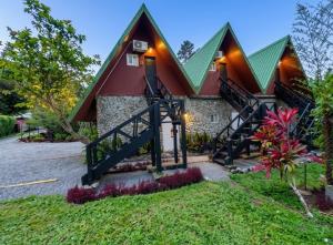 a house with a green roof and stairs to it at Boquete Firefly Inn in Boquete
