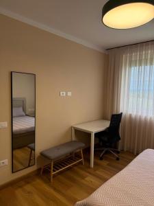 a bedroom with a desk and a mirror and a bed at Rrode Apartment Tale Beach in (( Shën Ded Gjoni ))