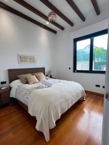a bedroom with a large bed and a large window at Pantin Beach View Villa Pool Aloha-te in Pantín +40 photos