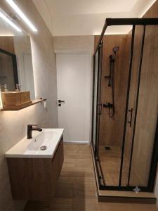 a bathroom with a shower and a white sink at LagonisiSunsetHouse in Kalívia Thorikoú +10 photos