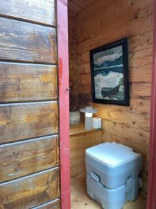a bathroom with a toilet in a log cabin at Fjord View Off-Grid Cabin in Ålesund