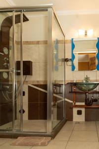 a glass shower in a bathroom with a sink at Culture Crossroads Inn in Port-of-Spain +38 photos