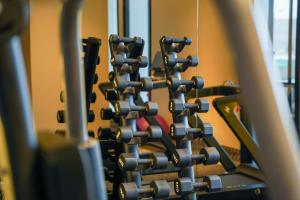 a row of exercise equipment in a gym at KH La Maison in Abha