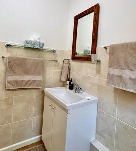 a bathroom with a sink and a mirror at Bay Vista Garden Flat in Glencairn +11 photos