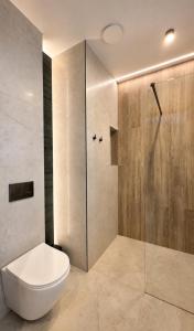 a bathroom with a toilet and a shower at Zacisze Nad Nidą Resort in Pińczów