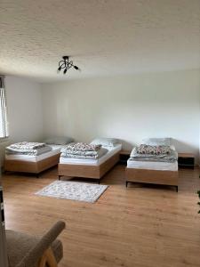 three beds in a room with wooden floors at Domek Wśród Pisarzy in Strawczynek