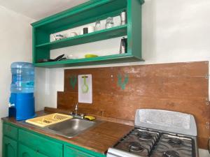 a kitchen with green cabinets and a sink and a stove at Casa Nopal Tu casa vacacional tipo hotel in Creel