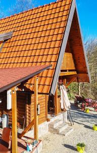 a log cabin with a brown roof at Seoski Turizam Feniks apartman Davidovi Psalmi in Kosjeric